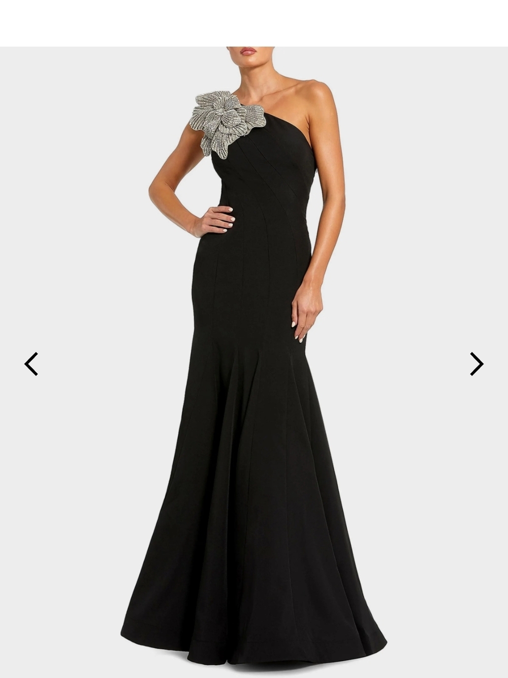 Mac Duggal Black One-Shoulder Gown with Silver Floral Appliqué